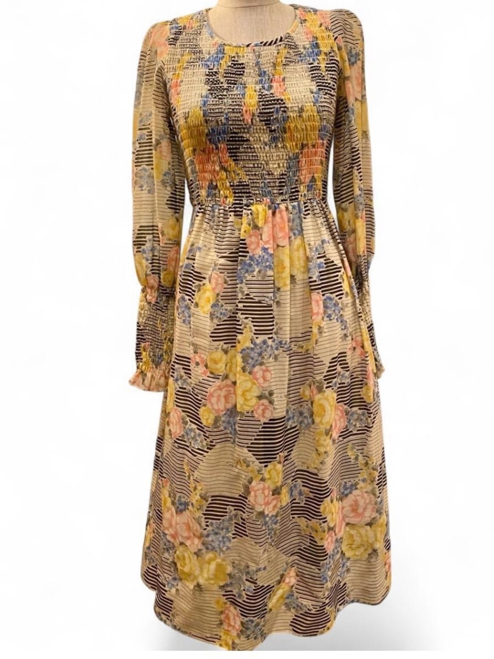 Mindy Malone Vintage 80’s Smocked Floral Midi Dress in Yellow, Blue and Pink